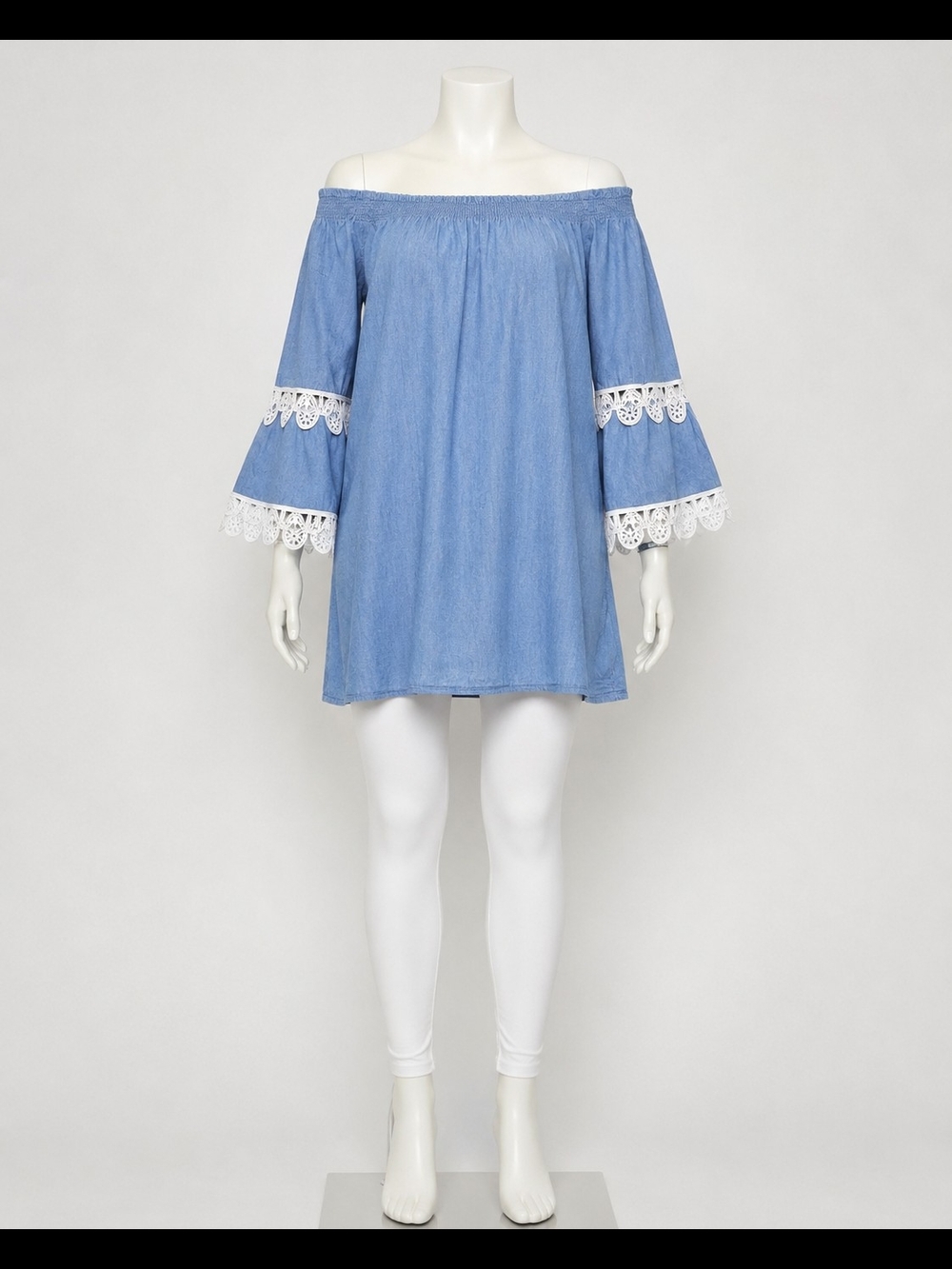 Lapis Light Blue Off-Shoulder Bell Sleeve Tunic/Dress with White Crochet Lace - Picture 3 of 12